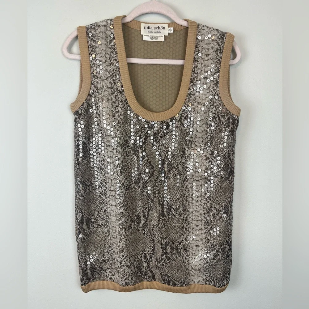 Vintage Mila Schon Italy Animal Print Sequin Sleeveless Top Size 42/8 Mob Wife - Picture 1 of 8